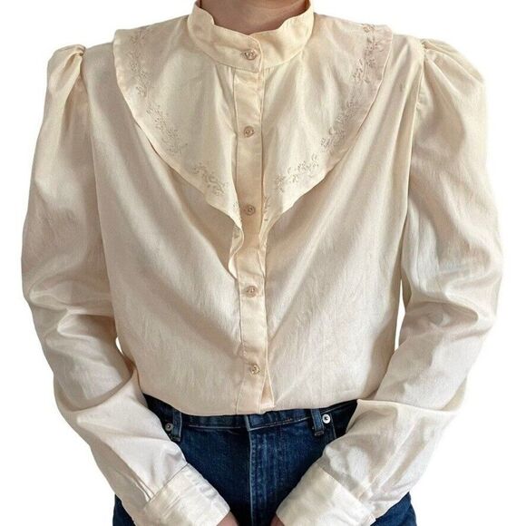 Vintage 80s Womens 100% Silk White Ruffle Collar Floral Light Academia Blouse - Picture 2 of 10